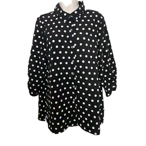 Susan Graver Tops - Susan Graver Top Womens Size S Black White Polka Dot Blouse 3/4 Sleeve Button Up